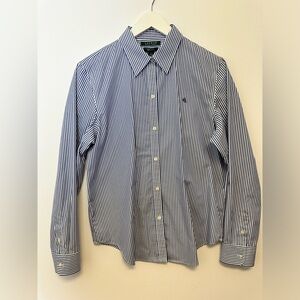 Ladies Blue and White Stripe Lauren Ralph Lauren Non-Iron Button Down Blouse